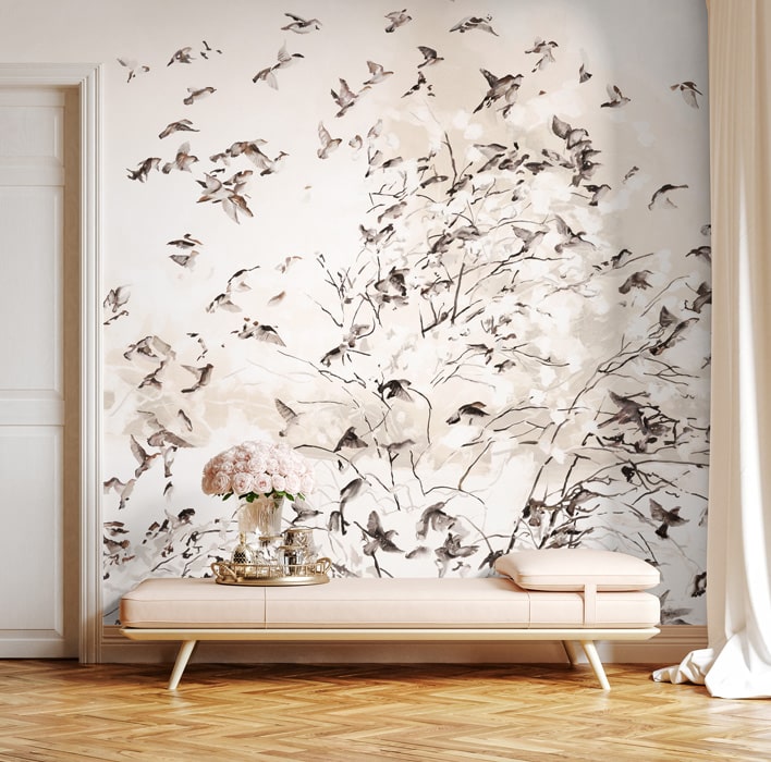 Brown & White Modern Scandinavian Bird Wall Mural hero image