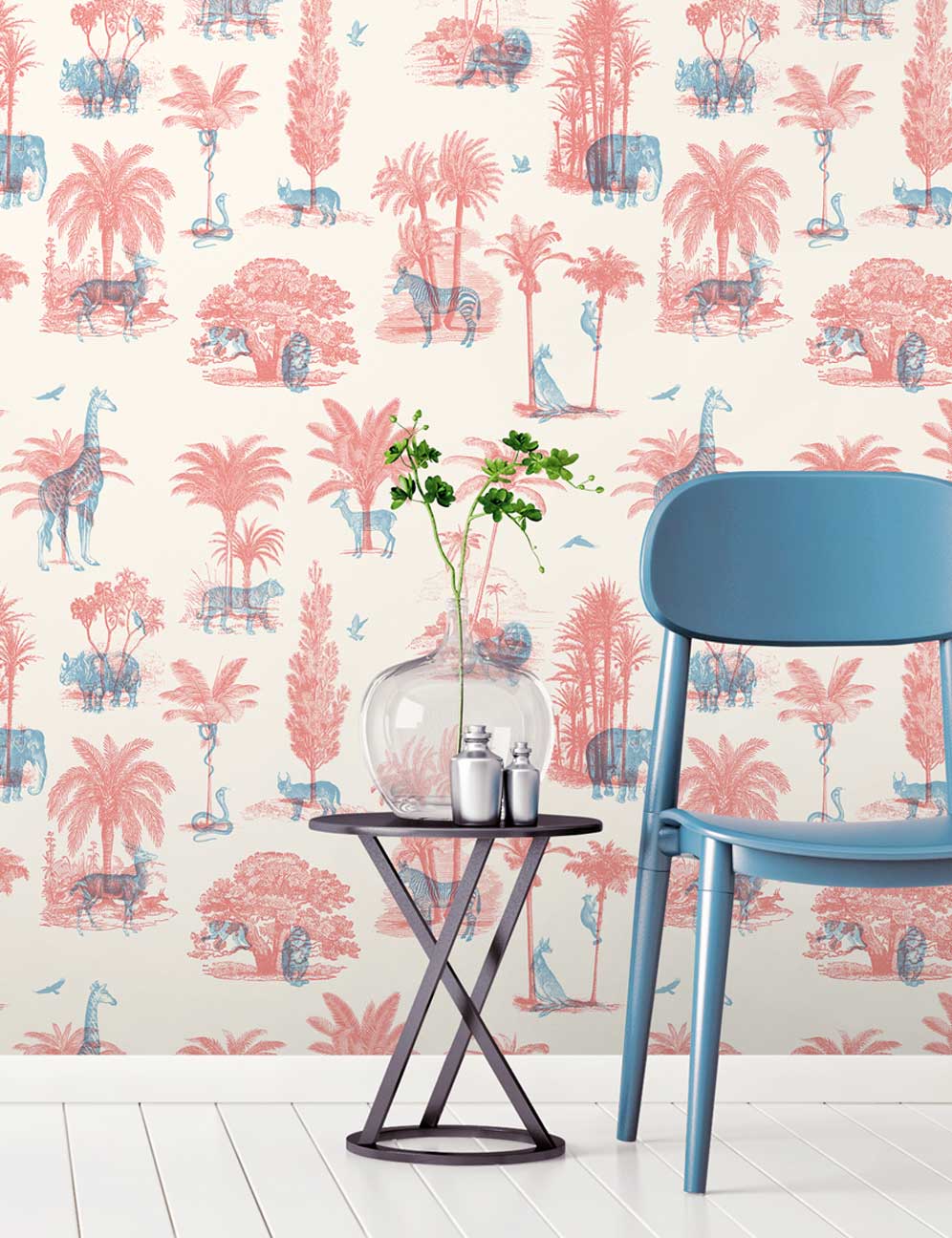 Cream & Red Vintage Tropical Toile De Jouy Wallpaper hero image