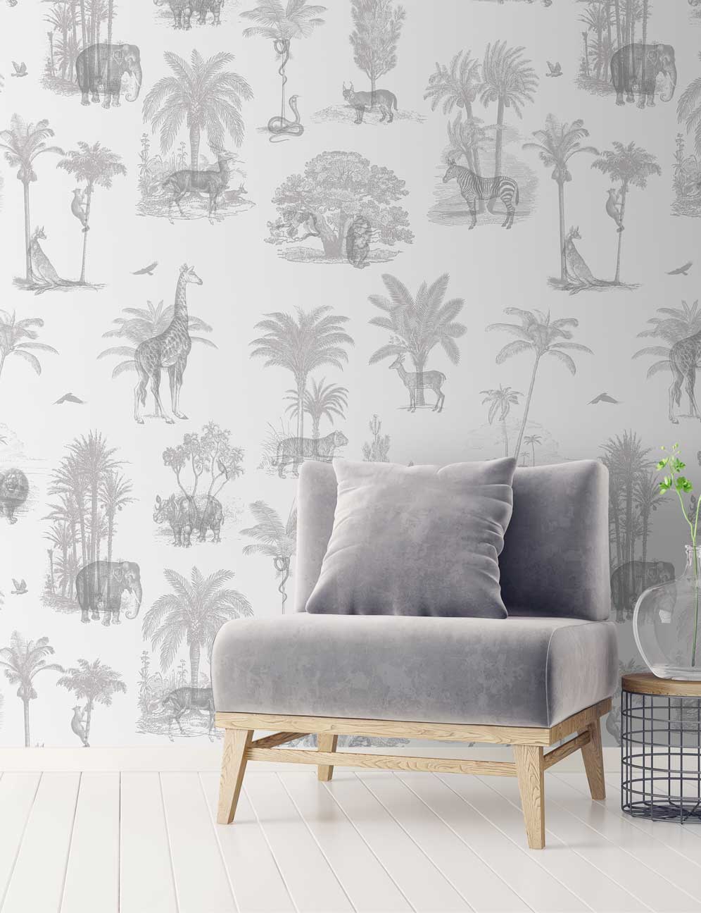 Grey Tropical Animal Toile De Jouy Wallpaper hero image