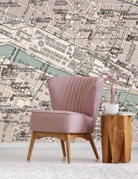 Cream & Pink Vintage Paris Map Wall Mural hero image