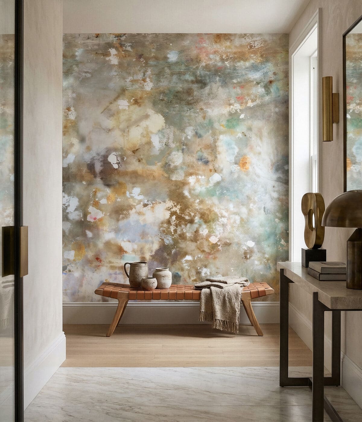 A bright, contemporary hallway featuring a large abstract wall mural with layered textures in soft beige, brown, cream, and hints of blue and gold. A woven leather bench sits against the mural, styled with ceramic vessels and a folded throw blanket. To the side, a console table with a sculptural object and lamp complements the neutral, modern interior illuminated by natural light.