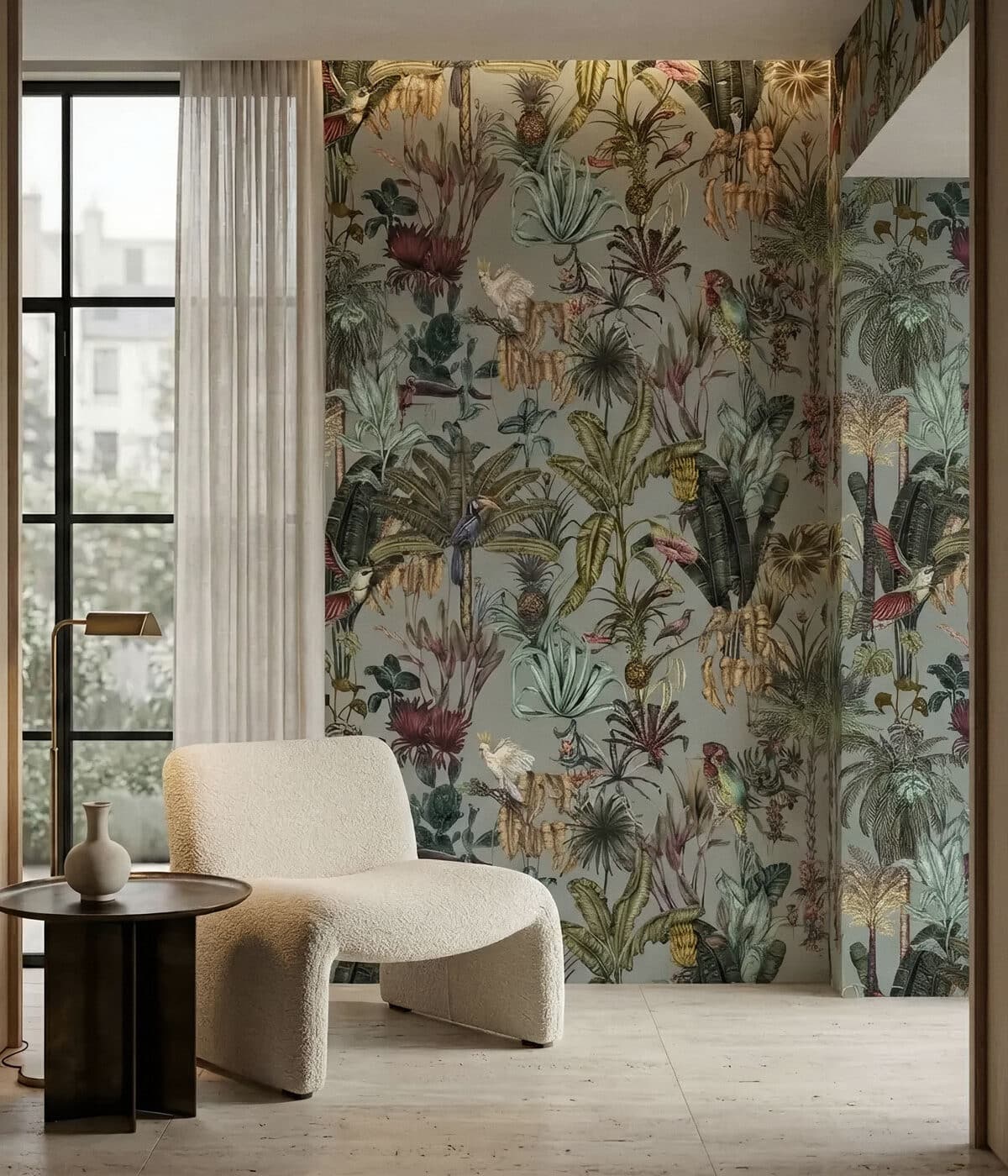 A stylish corner featuring a grey-green tropical wallpaper filled with lush foliage, exotic flowers, and colorful birds. A sculptural cream boucle lounge chair sits beside a dark metal side table styled with a minimalist vase, while soft sheer curtains filter natural light from a large black-framed window. The rich botanical pattern adds depth and vibrancy to the otherwise calm, contemporary setting.