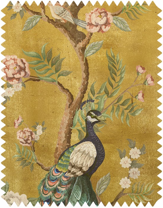 Gold chinoiserie peacock satin fabric Hero Image