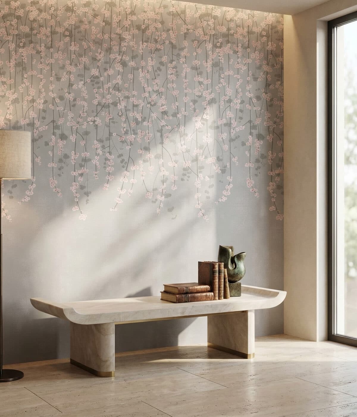 Gemini said A minimalist, serene room featuring a light gray accent wall adorned with a delicate, cascading floral pattern of pale pink cherry blossoms. In front of the wall, a low, curved marble bench with gold-finished feet holds a small stack of vintage books and a dark, abstract ceramic vase. The scene is illuminated by soft, natural sunlight streaming in from a large window on the right, casting gentle shadows across the light wood floor.