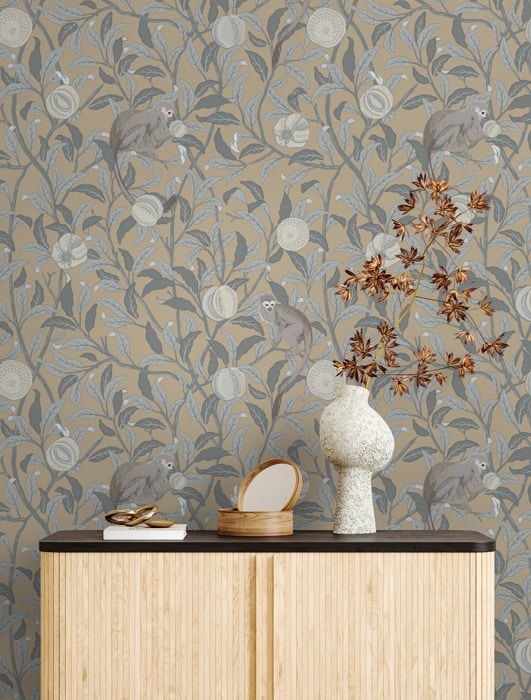 brown & grey monkey leaf print wallpaper pattern image