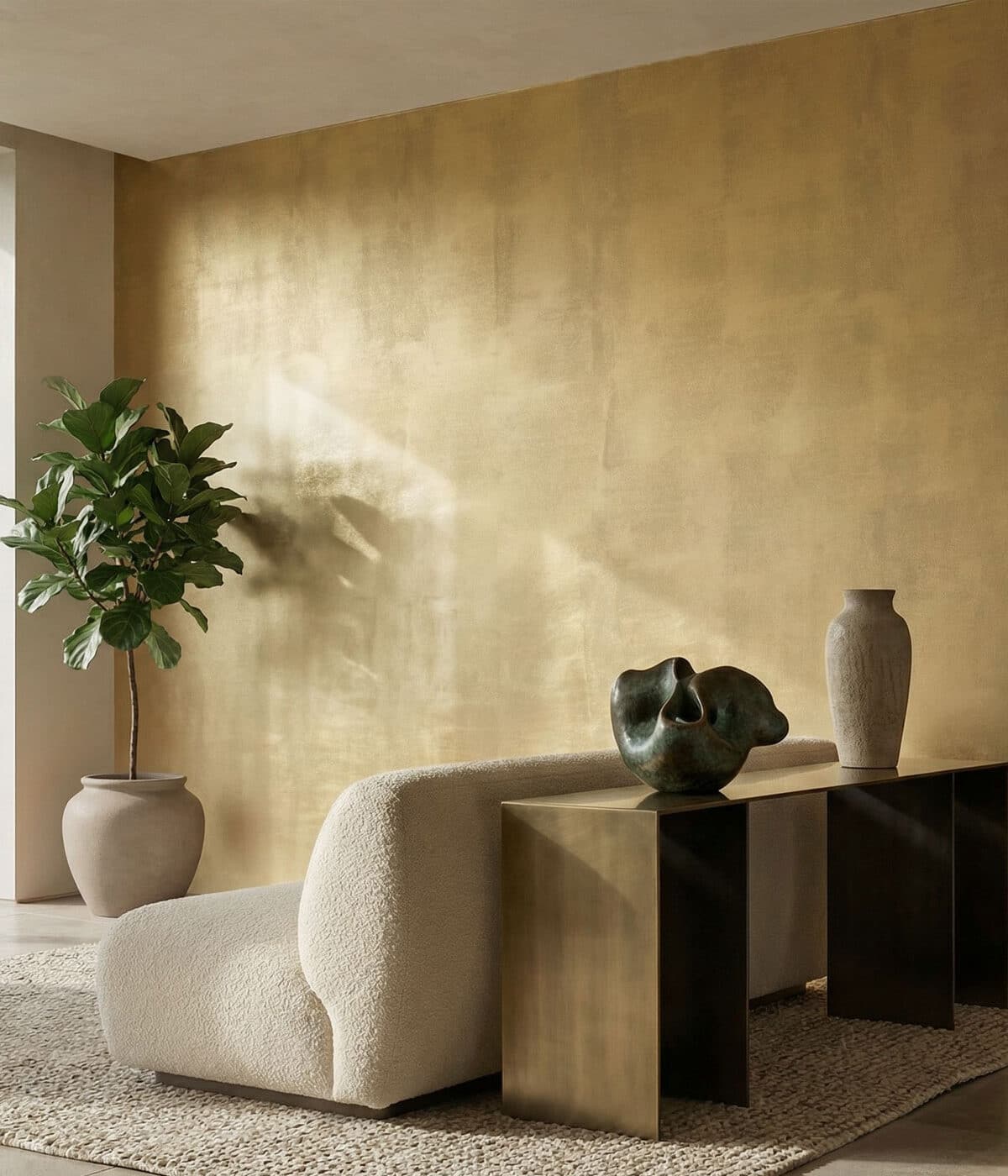 A minimalist living space with a warm gold textured wallpaper covering the wall. In front of it sits a low, curved cream boucle chaise-style sofa on a light woven rug. A brass console table stands behind the sofa, holding two sculptural ceramic vases in earthy tones. To the left, a tall leafy plant in a rounded beige pot is placed near a window, with soft sunlight casting natural shadows across the gold wall and floor.