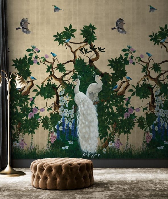 yellow chinoiserie peacock wallpaper hero image