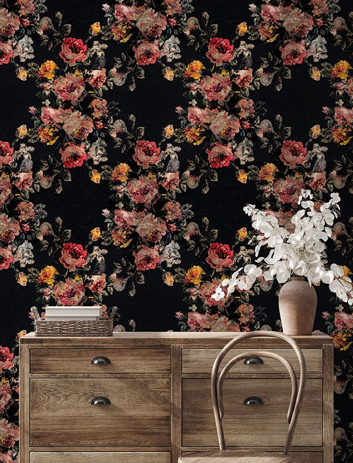 Black & Red Shabby Chic Floral Wallpaper hero image