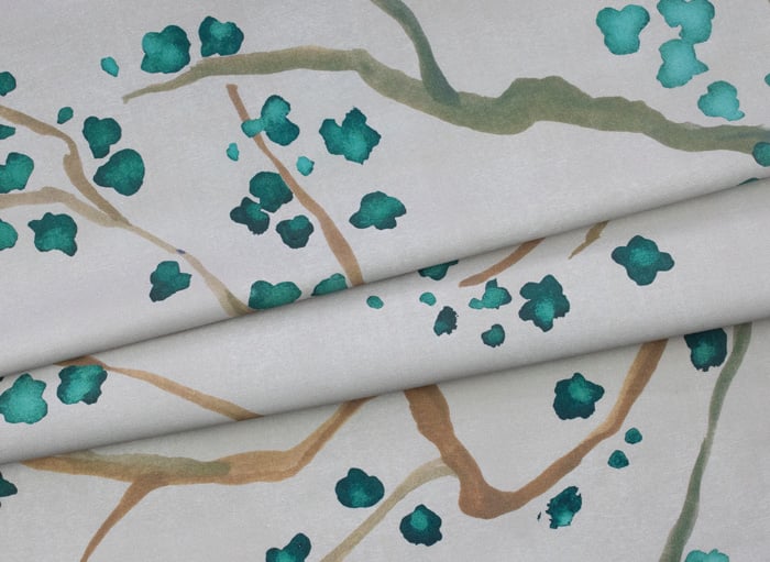 Grey & Green Cherry Blossom Linen-Cotton Fabric Pattern Image