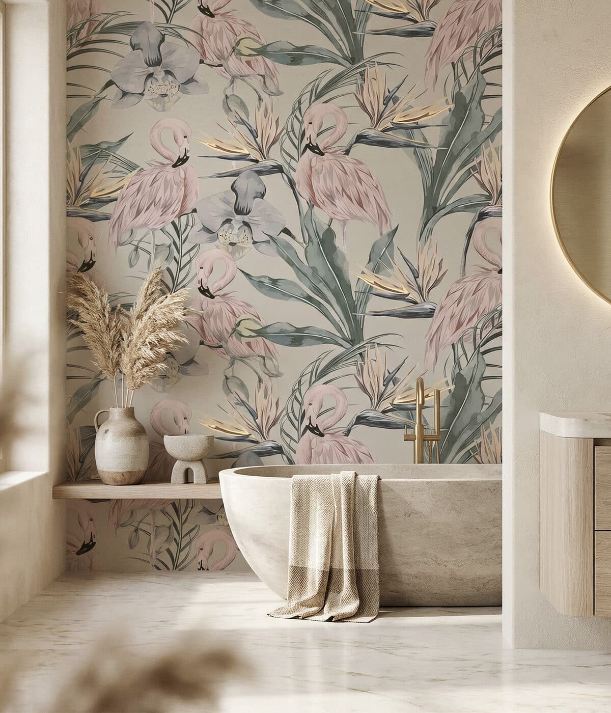A bright, modern bathroom featuring a freestanding stone bathtub with a beige towel draped over the edge and a brushed brass floor-mounted faucet. Behind the tub, a tropical wallpaper displays soft pastel pink flamingos, orchids, and lush green foliage. A wooden shelf holds ceramic vases with pampas grass and decorative objects, while natural light from a nearby window illuminates the serene space.