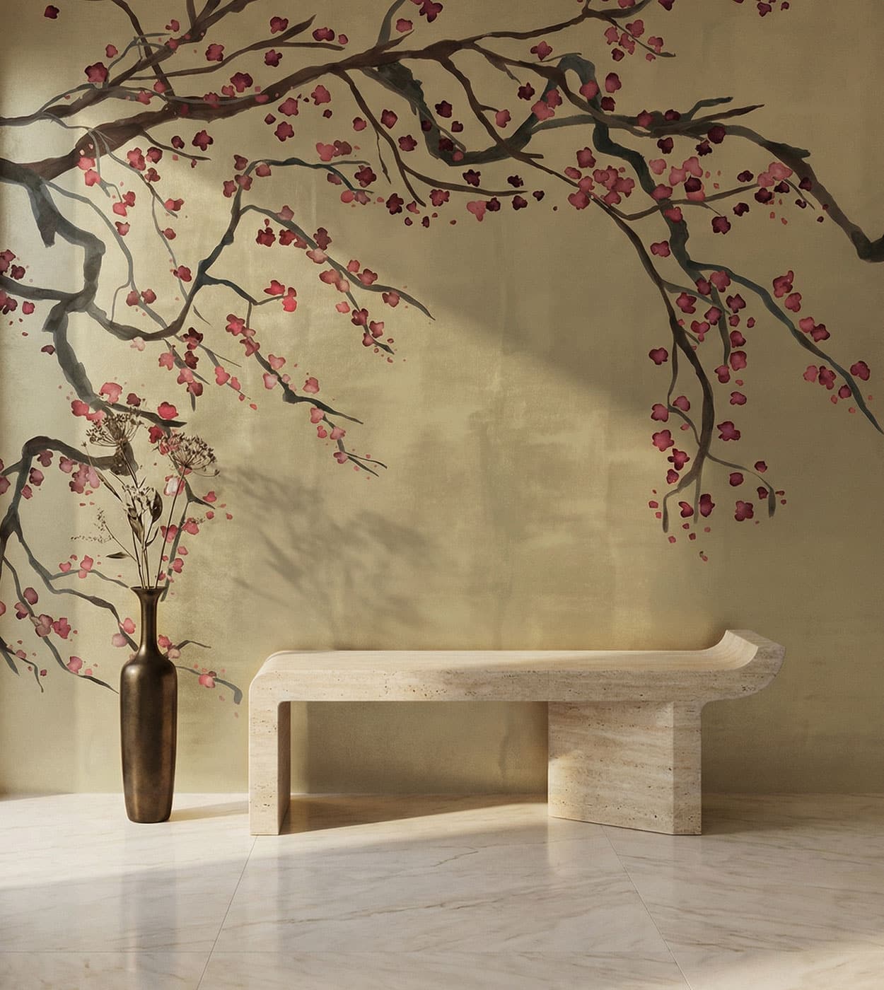 A minimalist interior with a sculptural light stone bench set against a warm gold wall mural of sweeping tree branches with red cherry blossoms. To the left of the bench stands a tall bronze vase holding dried botanical stems. Soft sunlight casts gentle shadows across the gold wall and pale stone floor, creating a calm and elegant atmosphere.