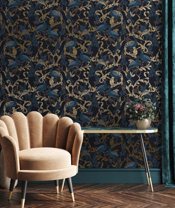 Blue & Gold Vintage Peacock Wall Mural hero image