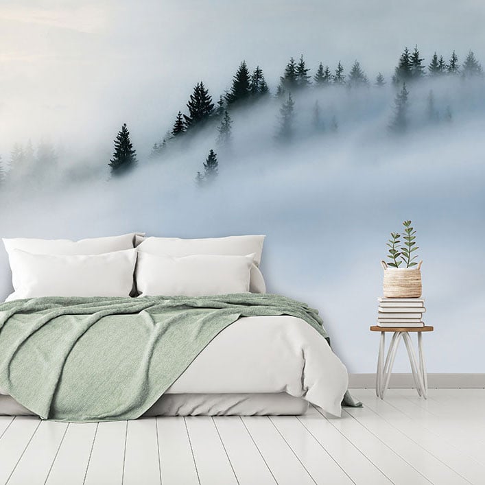 Blue & White Misty Forest Wall Mural hero image