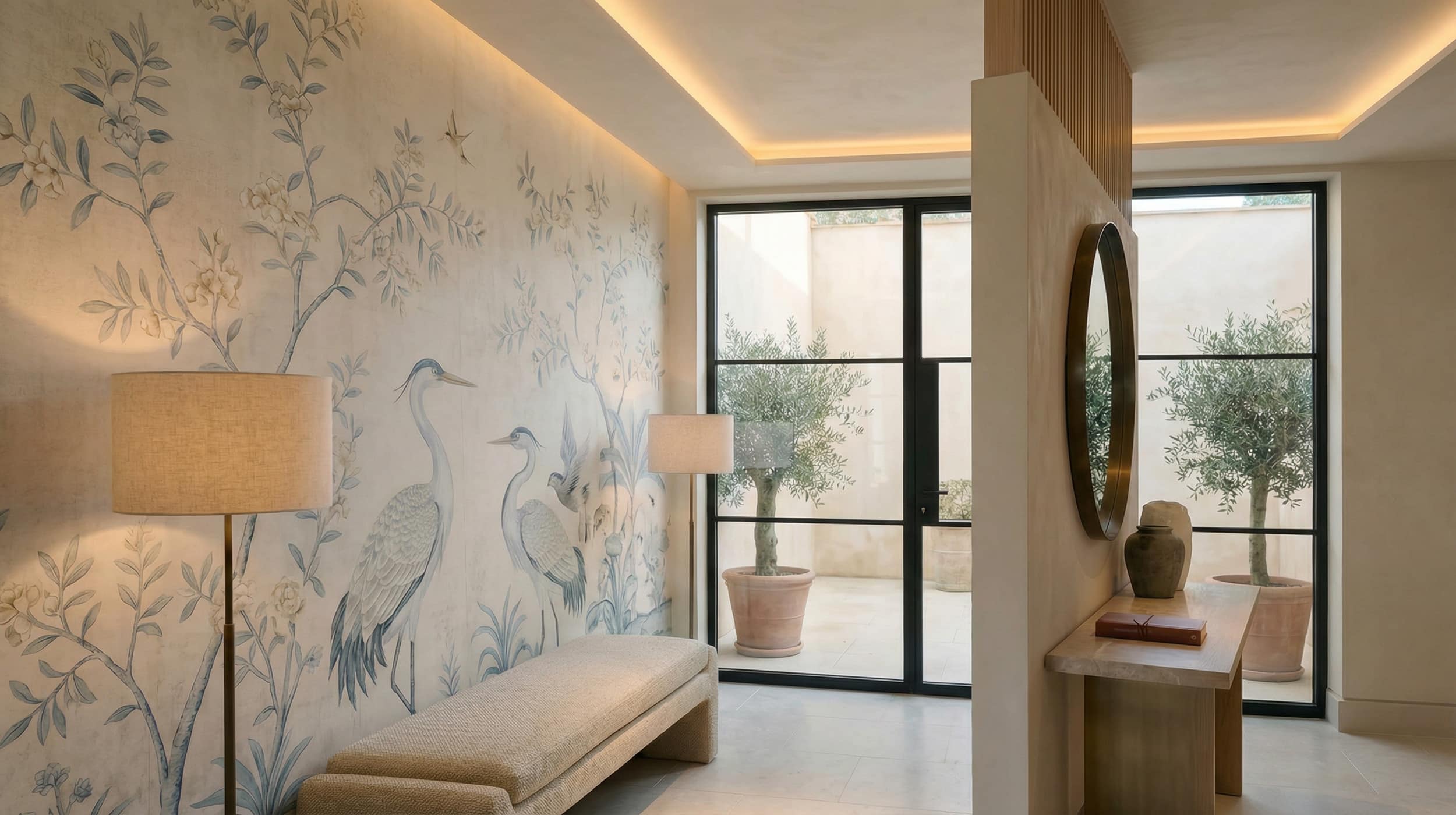 Elegant, softly lit hallway featuring a serene mural of herons and delicate foliage in muted blue tones, a linen-upholstered bench, and warm floor lamps. A minimalist wooden console with a round mirror sits opposite black-framed glass doors that open onto a courtyard with potted olive trees, creating a calm, spa-like atmosphere.