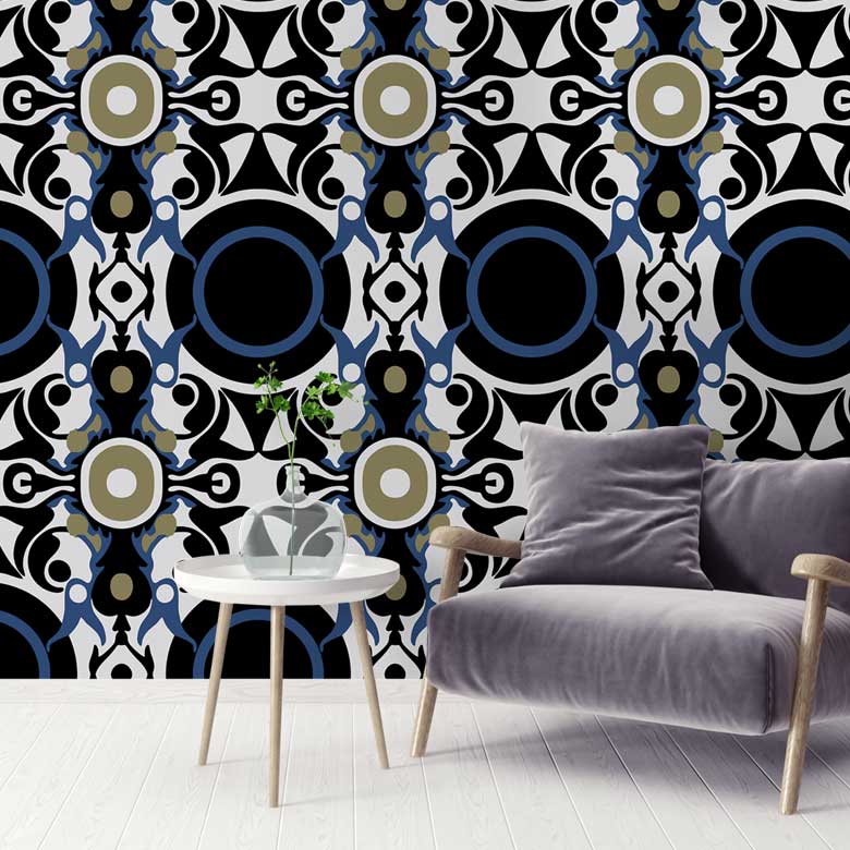Blue & White Exotic Graphic Pattern Wallpaper hero image