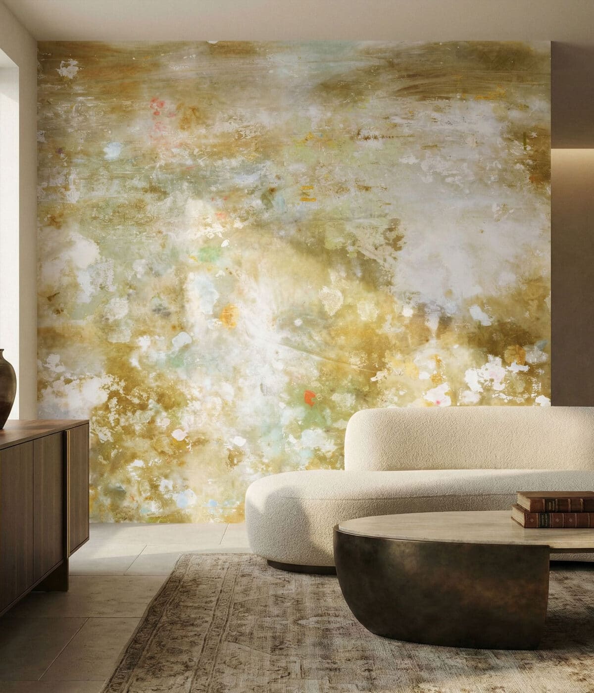 A warm contemporary living space featuring a large abstract wall mural in layered tones of golden ochre, soft sage, cream, and subtle hints of coral. The painterly texture creates a distressed, artistic backdrop reminiscent of aged fresco or expressive canvas. In front, a curved cream sofa and a sculptural bronze coffee table sit atop a muted patterned rug, while a dark wood sideboard adds depth and balance. The overall atmosphere feels inviting, organic, and art-forward with a refined modern edge.
