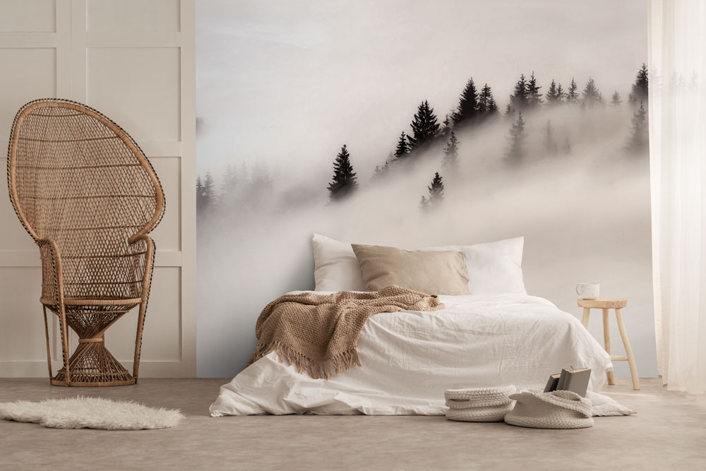 misty forest wall mural