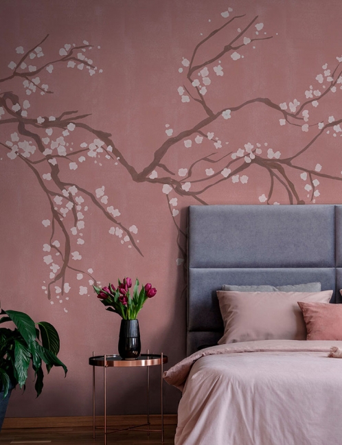 Pink Cherry Blossom Wall Mural on a bedroom wall