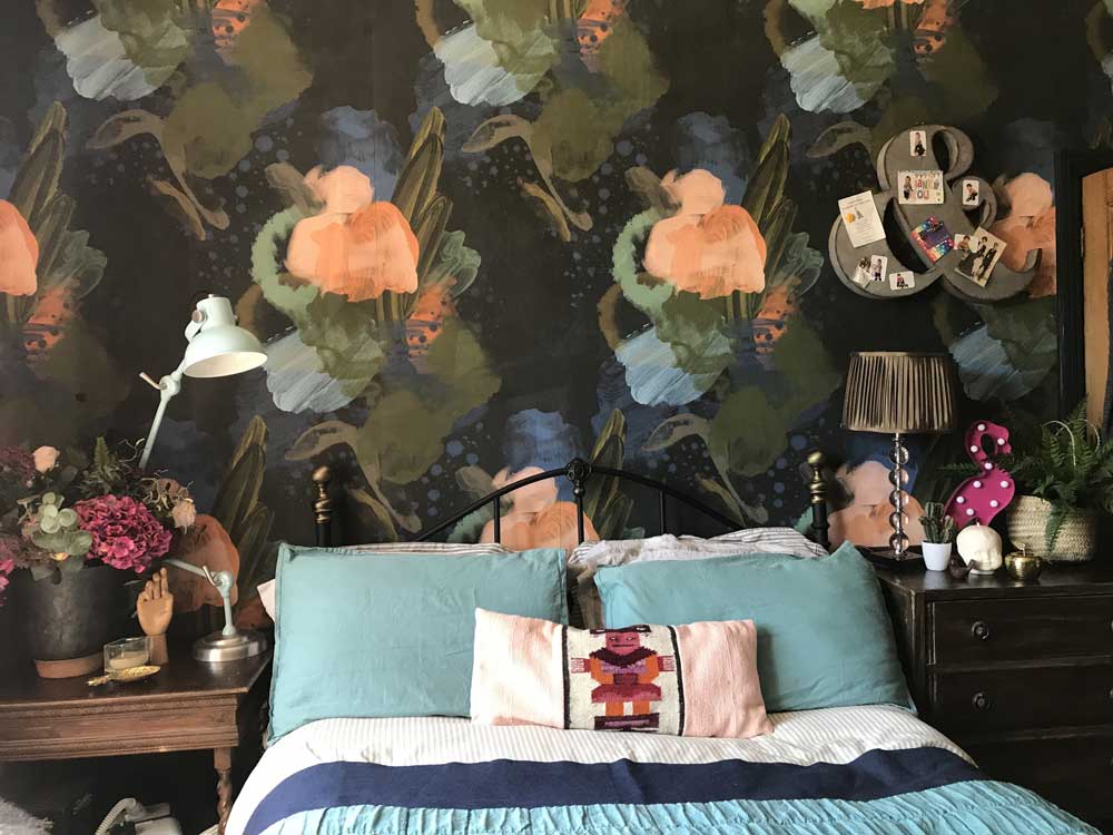 Wallpaper in maximalist bedroom