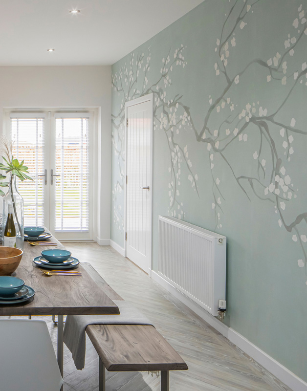 blue chinoiserie wallpaper in dining room