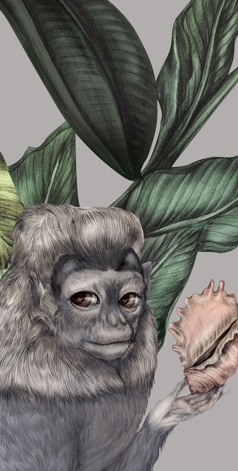 Exotic bird monkey jungle mural