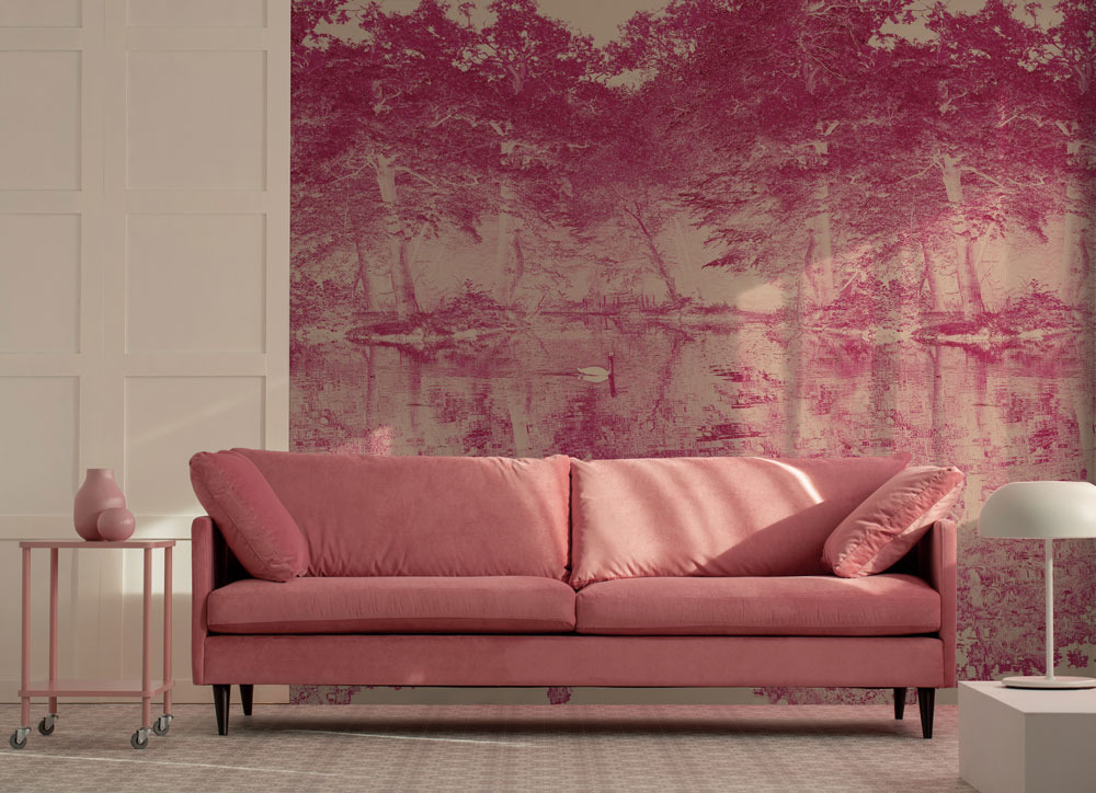 coral toile de jouy wall mural