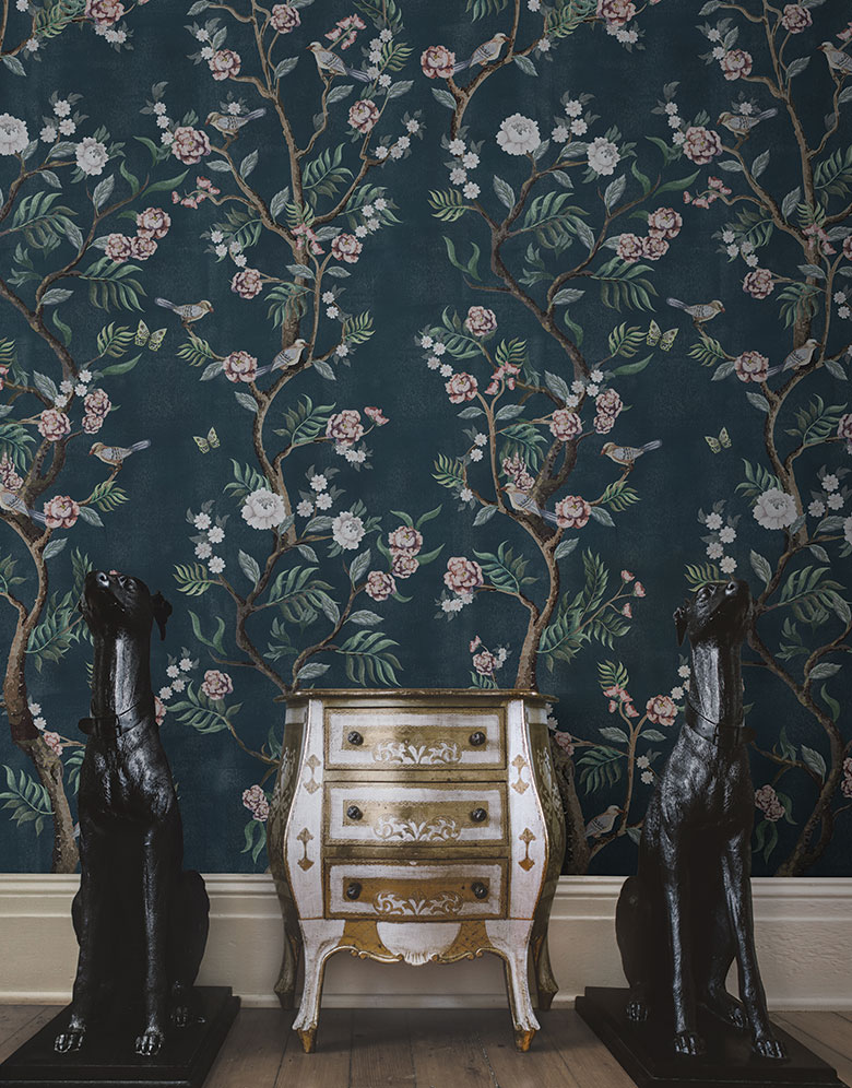 Teal Romantic Chinoiserie Wallpaper - Feathr Wallpapers