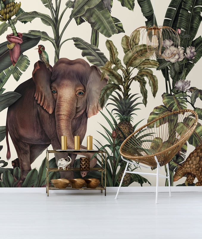 Cream & Green Tropical Elephant Wallpaper Mural hero image