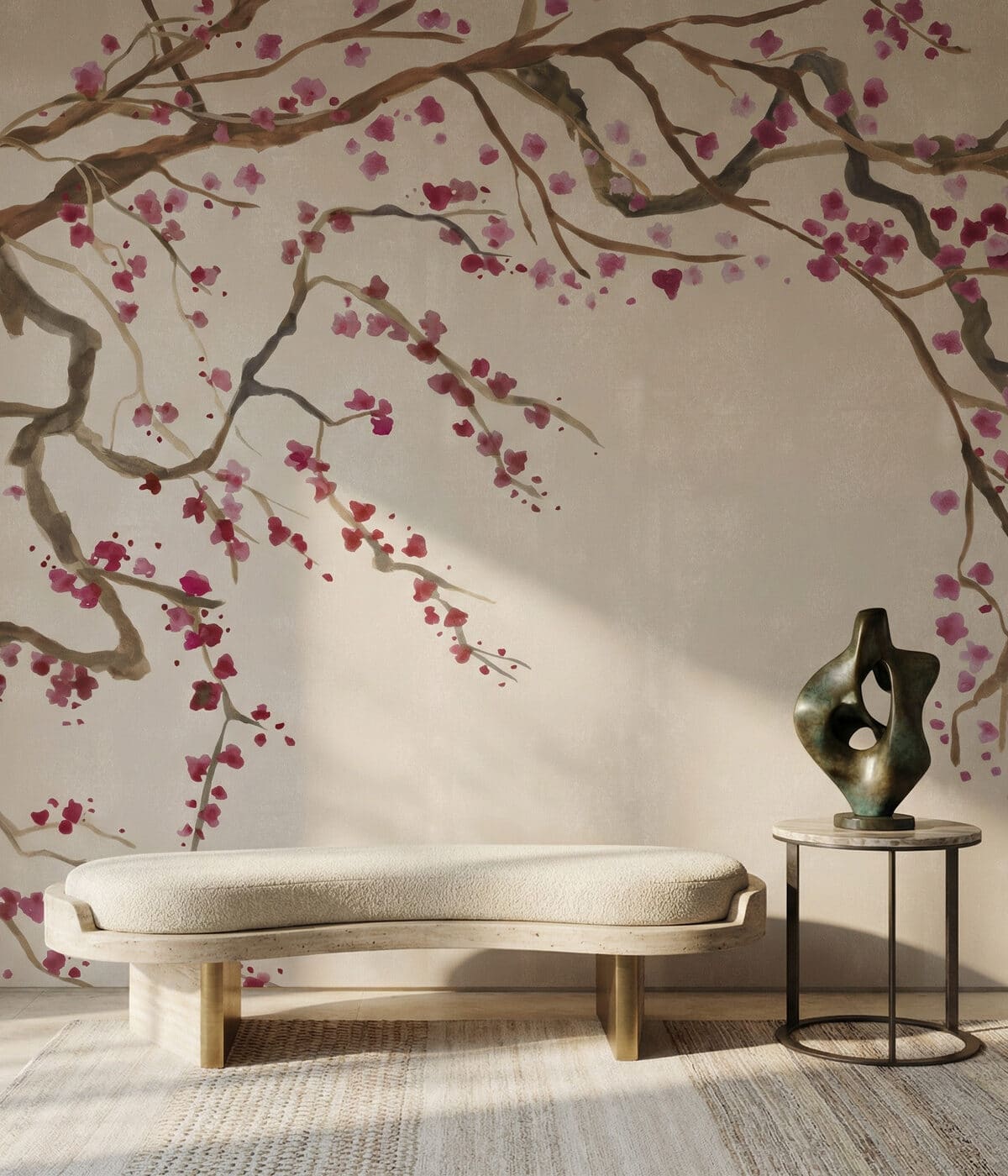 A modern interior with a curved cream upholstered bench featuring brass legs, placed in front of a soft beige wall mural of sweeping tree branches with pink cherry blossoms. To the side stands a small round metal table with a marble top displaying an abstract sculptural object. Sunlight casts gentle shadows across the wall and floor, enhancing the calm, elegant atmosphere.