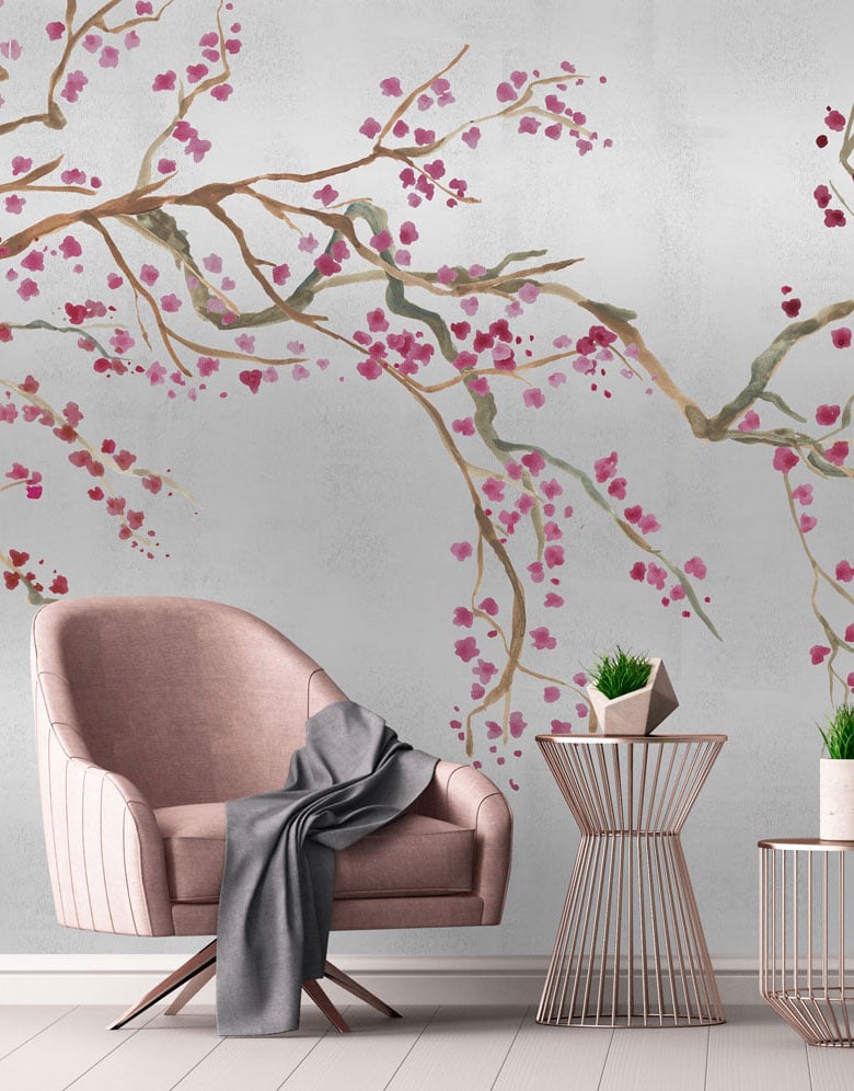 Silver & Red Cherry Blossom Wall Mural hero image