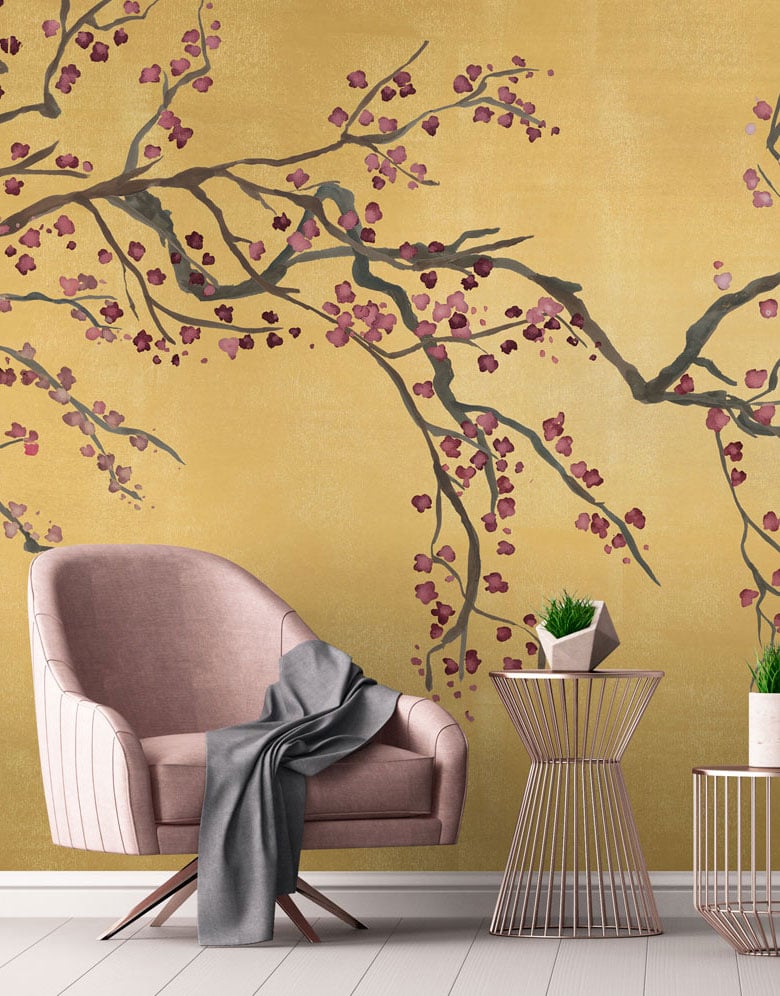 Gold Cherry Blossom Wallpaper Mural Feathr Wallpapers - Vintage Cherry Blossom Wall Decor