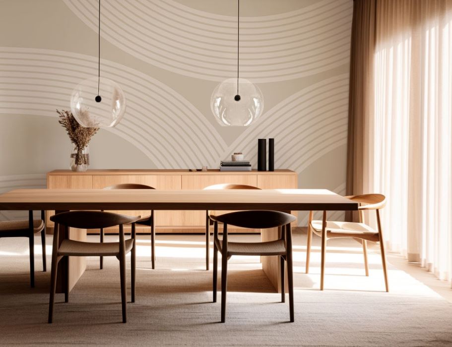 brown abstract lines wall mural dining room