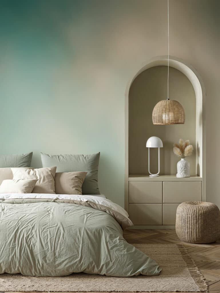 Green bedroom trend with Sumo Teal wall mural 1 - Feathr™ | The Home of Artisan Wallpaper