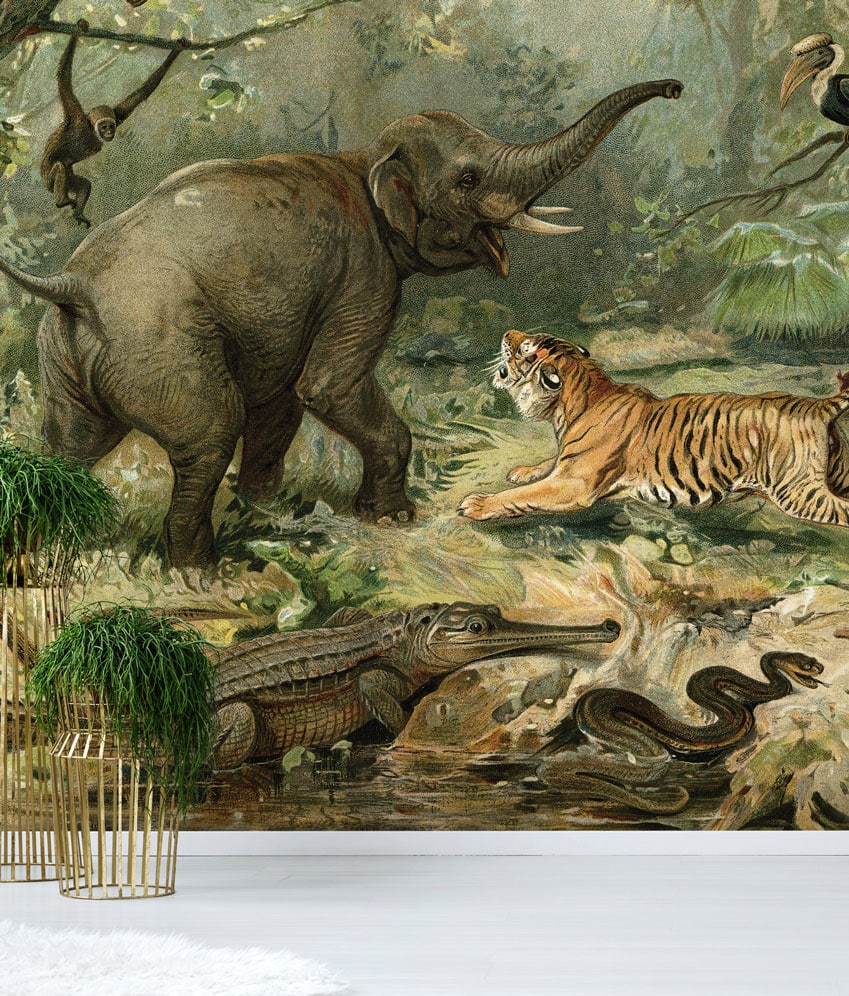 Green & Brown Vintage Animal Wall Mural hero image