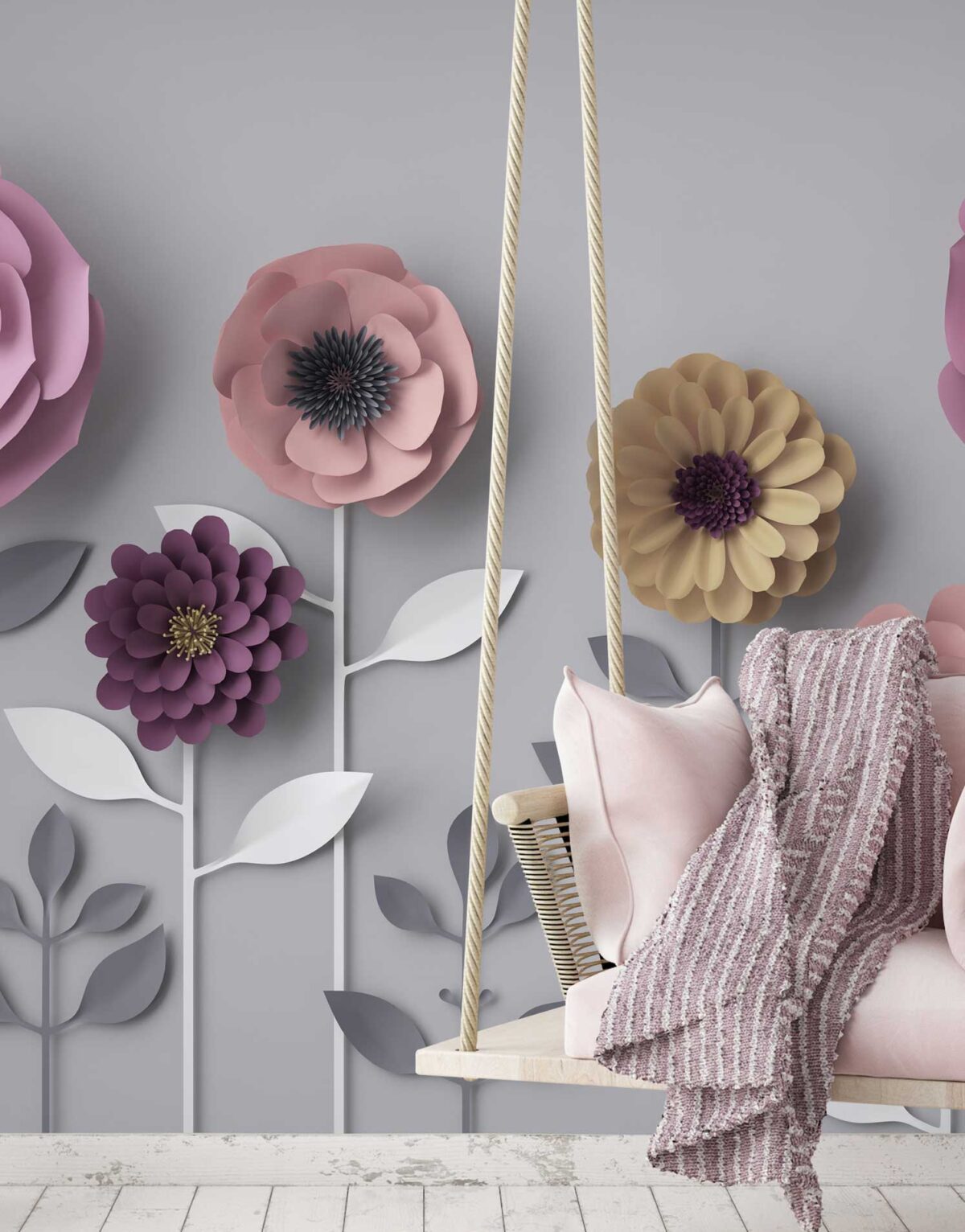 Grey & Pink Fun Paper Flower Wall Mural hero image
