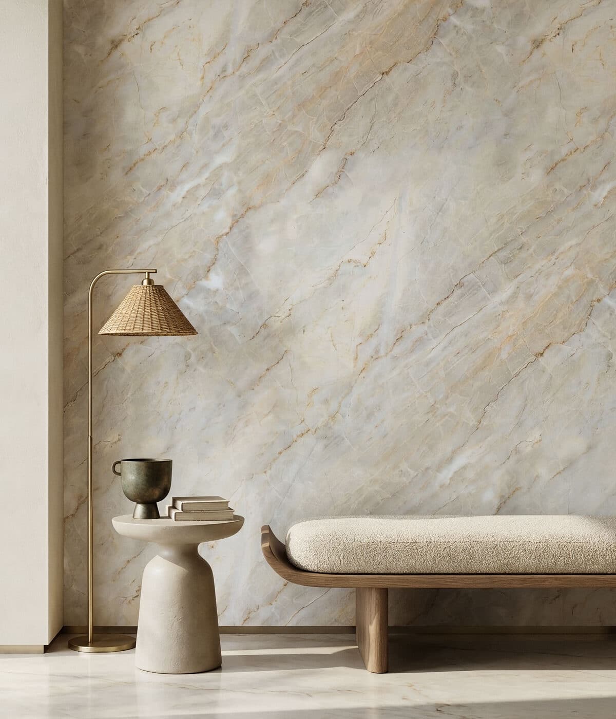 Modern organic living room featuring a large-scale cream and warm beige marble mural wallpaper. The scene includes a low-profile wooden bench with white boucle upholstery, a stone-textured pedestal side table, and a slender gold floor lamp with a woven wicker shade.