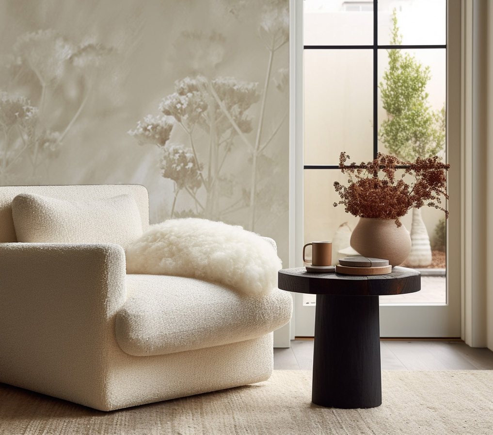 cream floral wallpaper white chair