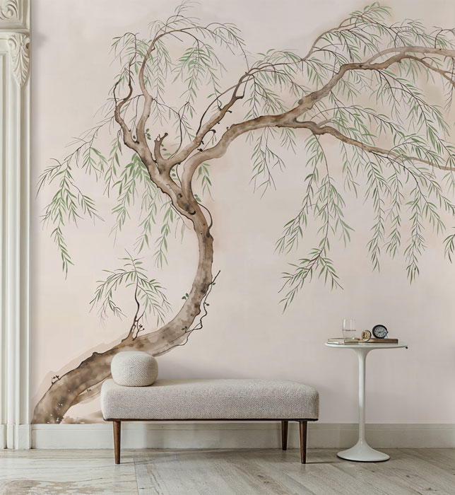 cream & green japanese willow tree wallpaper mural pattern image