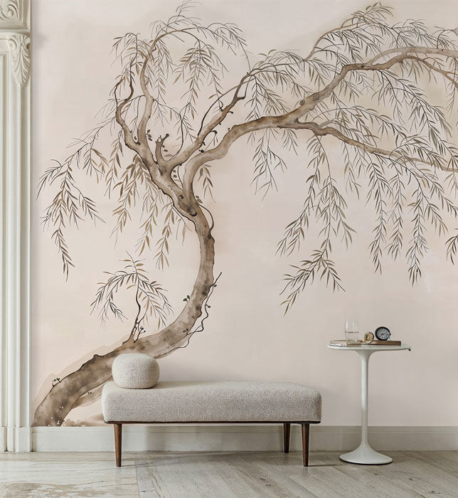 Cream Japanese willow tree wallpaper mural | Feathr