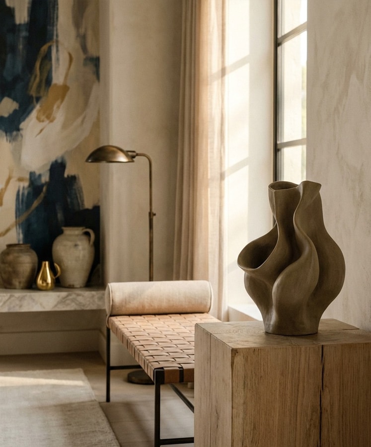 Sunlit, serene interior featuring a sculptural ceramic vase on a wooden pedestal, a woven bench with a bolster cushion, and a slim brass floor lamp beside a large window with soft curtains; abstract artwork and neutral-toned pottery create a calm, gallery-like atmosphere.