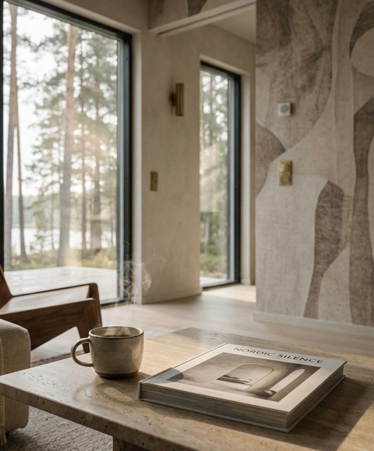 Calm, light-filled living space with floor-to-ceiling windows overlooking trees and water, a soft neutral mural on the wall, and a wooden coffee table styled with a ceramic cup and a book titled “Nordic Silence,” creating a serene, minimalist atmosphere.