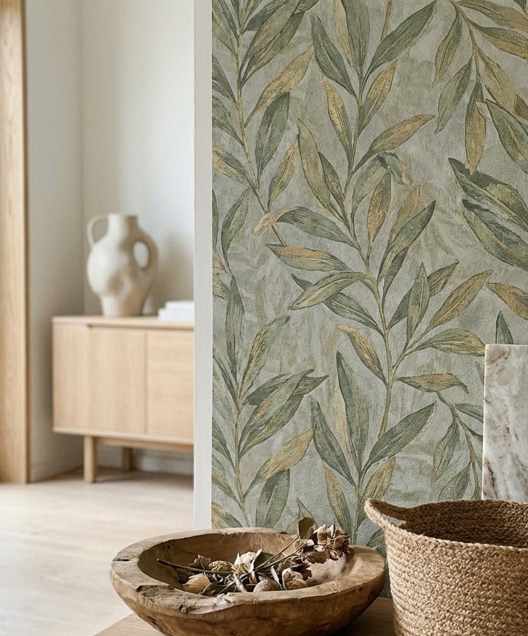 Close-up of botanical wallpaper featuring soft green and muted gold leafy branches on a textured background, styled in a calm, neutral interior with a wooden bowl of dried botanicals and a woven basket in the foreground, and a light wood sideboard with a sculptural ceramic vase softly blurred in the background.