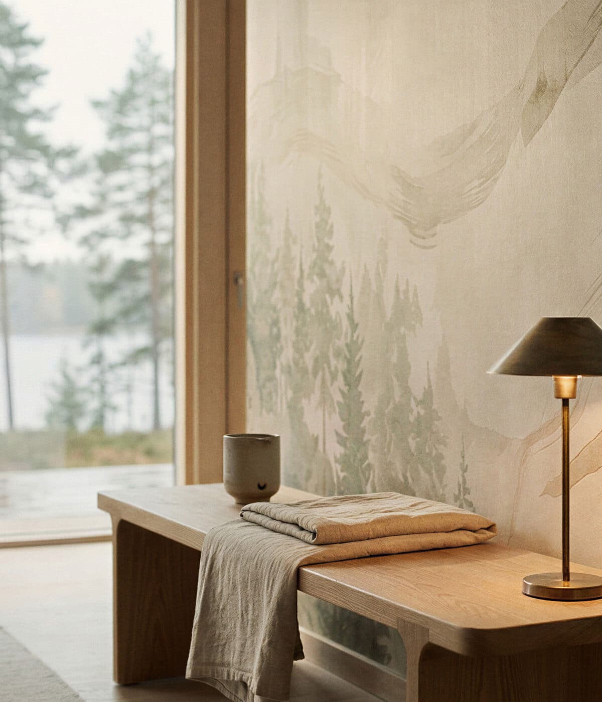 A serene interior corner with a wooden bench placed against a wall covered in a soft watercolor forest mural in muted green tones. A brass table lamp glows warmly beside folded linens and a ceramic cup. Through a large window, pine trees and a calm lakeside view are visible, enhancing the tranquil atmosphere.