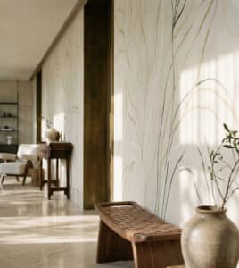 Sunlit, minimalist hallway featuring a soft neutral mural with flowing, organic linework in subtle gold and charcoal tones, styled with a woven wooden bench, ceramic vases and warm brass accents for a calm, refined atmosphere.