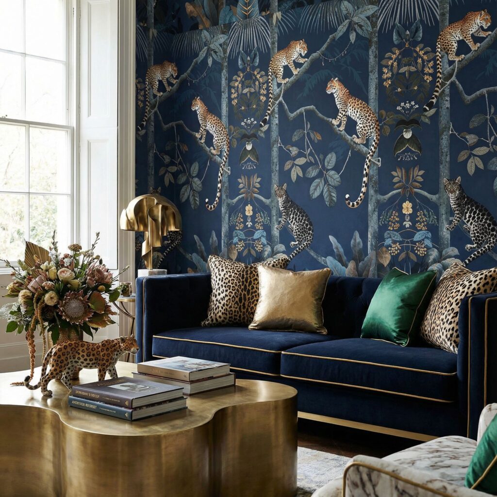 maximalist panthera wallpaper living room
