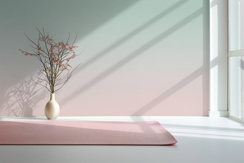 A minimalist room with a pink yoga mat on the floor, a vase with delicate red flowers on a ledge, and large windows casting geometric shadows on an ombre wallpaper transitioning from teal to pink.